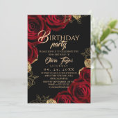 Elegant Red Gold Roses Birthday Party Kaart (Staand voorkant)