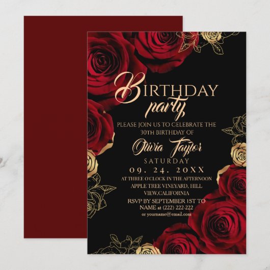 Elegant Red Gold Roses Birthday Party Kaart (Voorkant / Achterkant)