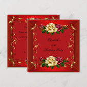 Elegant Red Gold Rozen Birthday Party Kaart (Voorkant / Achterkant)