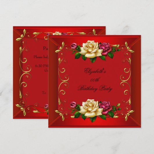 Elegant Red Gold Rozen Birthday Party Kaart (Voorkant / Achterkant)