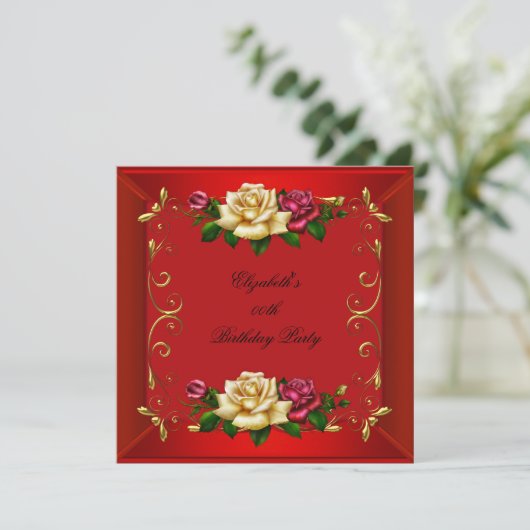 Elegant Red Gold Rozen Birthday Party Kaart (Staand voorkant)