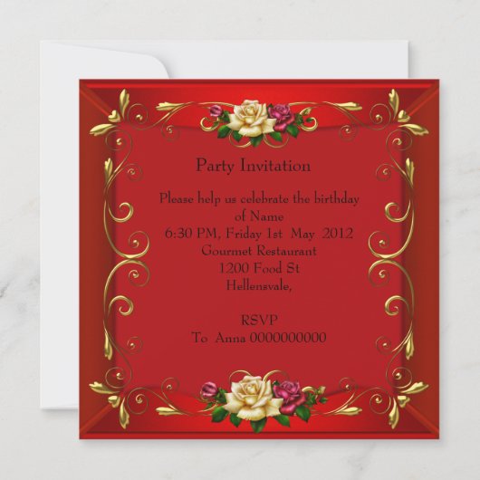Elegant Red Gold Rozen Birthday Party Kaart (Achterkant)