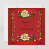 Elegant Red Gold Rozen Birthday Party Kaart (Voorkant)
