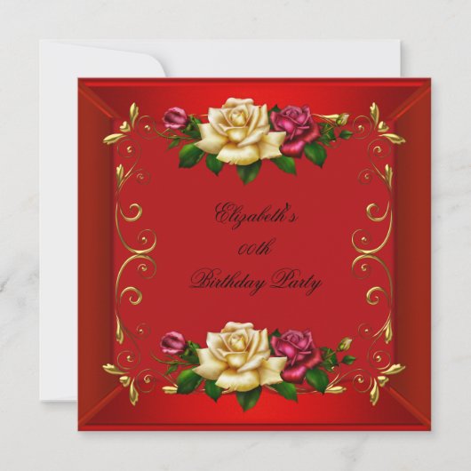 Elegant Red Gold Rozen Birthday Party Kaart (Voorkant)