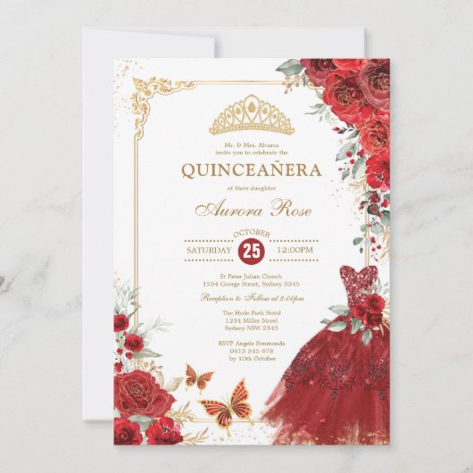 Elegant Red Gold Rozen Quinceañera Princess Kaart (Voorkant)