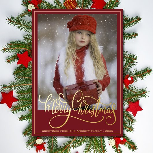 Elegant Red Gold Script Merry Kerstry Folie Feestdagenkaart
