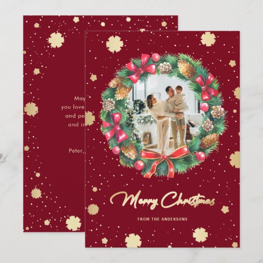 Elegant Red Gold Snowflakes met foto's Feestdagenkaart (Voorkant / Achterkant)