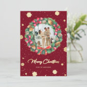 Elegant Red Gold Snowflakes met foto's Feestdagenkaart (Staand voorkant)