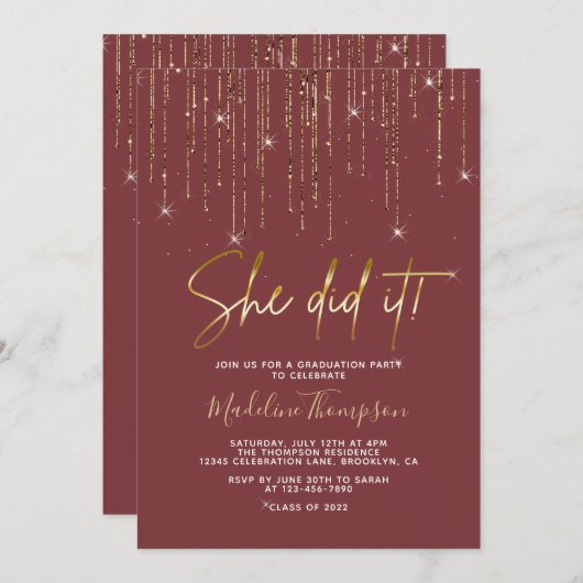 Elegant Red Gold Sparking Ze deed het Afstuderen Kaart (Voorkant / Achterkant)