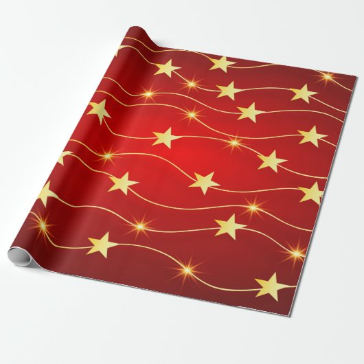 Elegant Red Gold Star Holiday Patroon Cadeaupapier (Uitgerold)