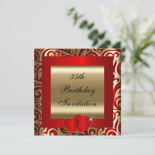 Elegant Red & Gold Swirls Party Invitation Kaart (Staand voorkant)