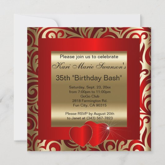Elegant Red & Gold Swirls Party Invitation Kaart (Achterkant)