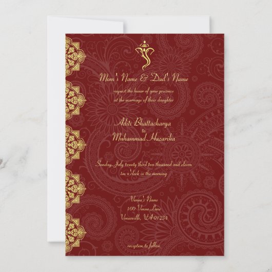 Elegant Red & Gold Vinayaka Wedding Design Kaart (Achterkant)