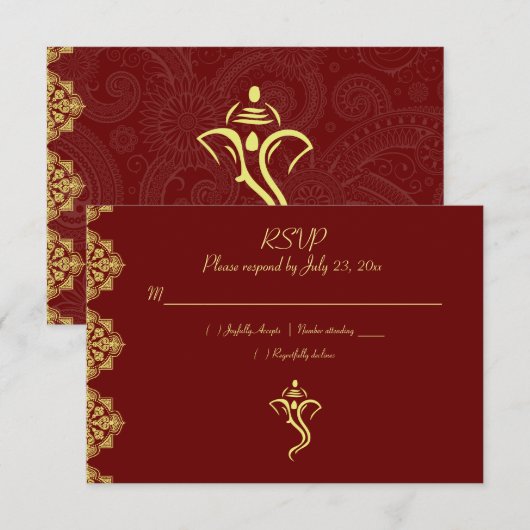 Elegant Red & Gold Vinayaka Wedding RSVP Kaartje (Voorkant / Achterkant)