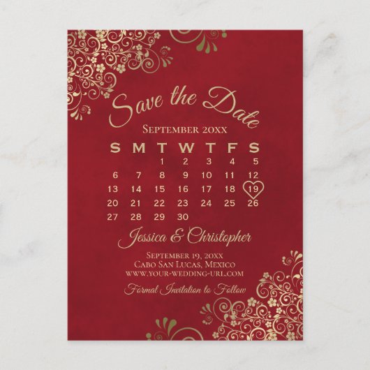 Elegant Red & Gold Wedding Save the Date Calendar Aankondigingskaart (Voorkant)