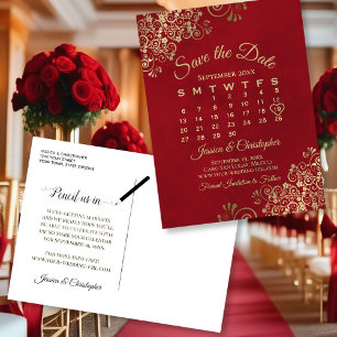 Elegant Red & Gold Wedding Save the Date Calendar Aankondigingskaart