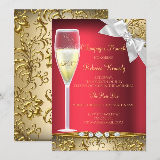 Elegant Red Gold White Champagne Brunch Invitation Kaart (Voorkant / Achterkant)