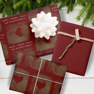 Elegant Red Golden Heart Drawing Family Kerstmis Inpakpapier Vel