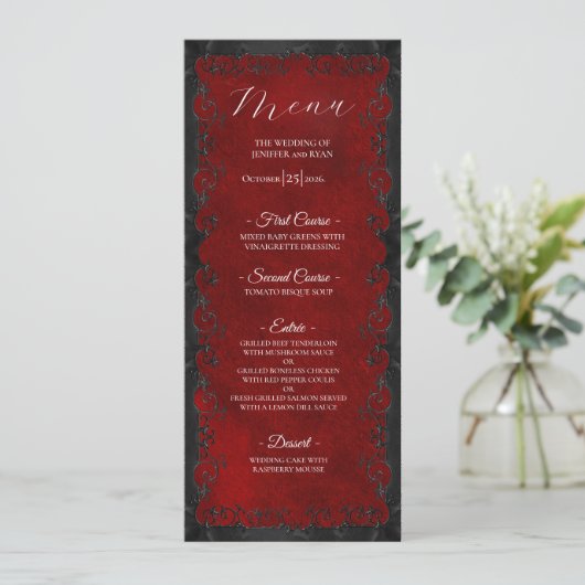 Elegant red Gothic Wedding Menu (Staand voorkant)