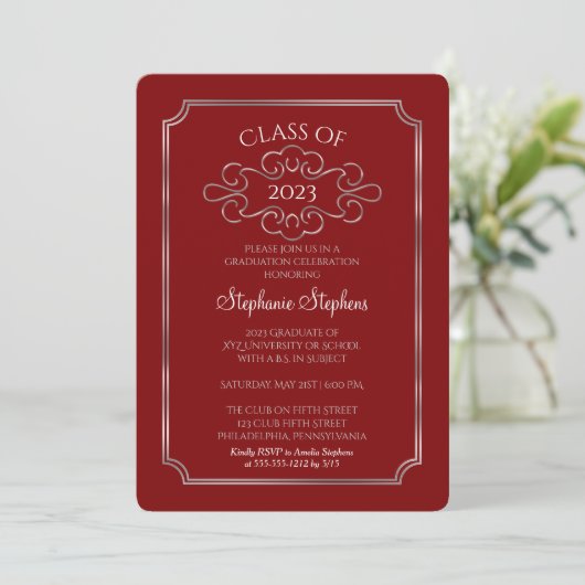 Elegant Red | Graduatiepartij voor het Silver Coll Kaart (Staand voorkant)