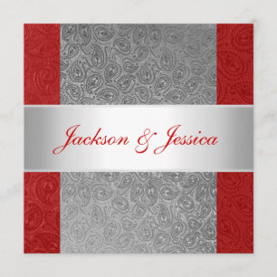 Elegant Red Gray Paisley White Engagement Party Kaart