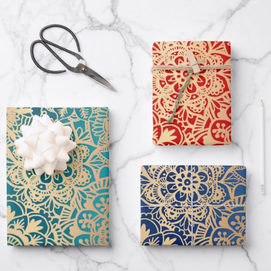 Elegant Red Green Blue en Gold Mandala Pattern Inpakpapier Vel (Voorkant)