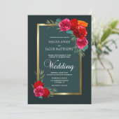 Elegant Red Green Gold Floral Wedding Kaart (Staand voorkant)