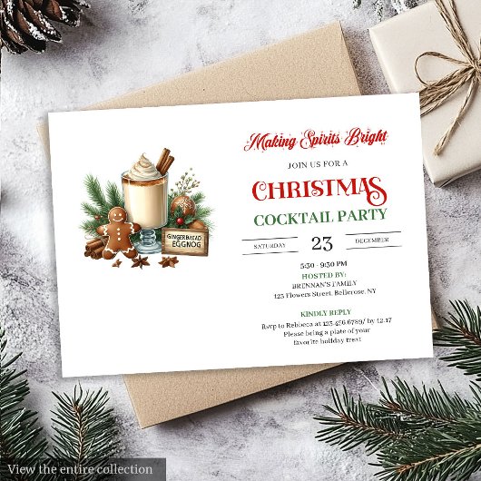 Elegant Red Green Holiday Cocktails Party Invite Kaart