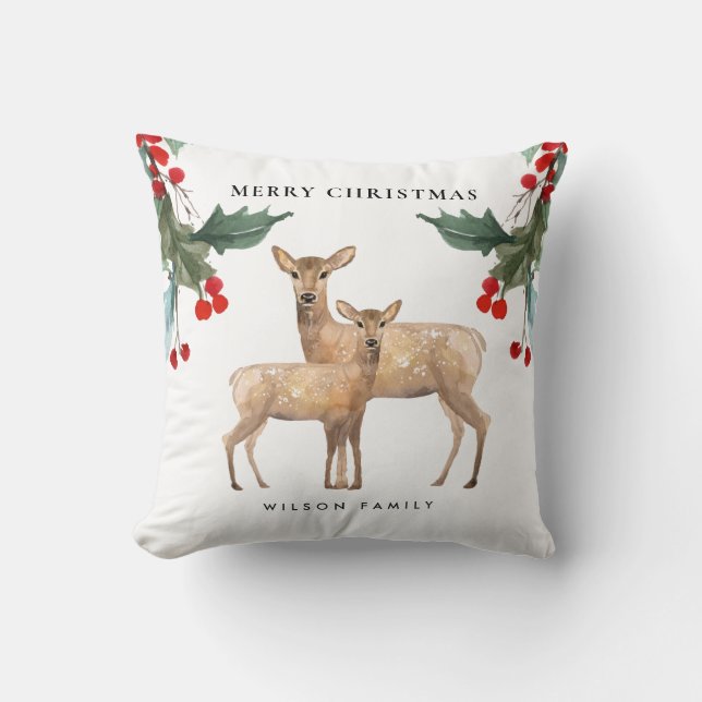 ELEGANT RED GREEN HOLLY BERRY DEER DUO CHRISTMAS KUSSEN (Voorkant)