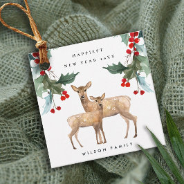 ELEGANT RED GREEN HOLLY BERRY DEER DUO NIEUW JAAR BEDANKJES LABELS