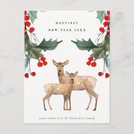 ELEGANT RED GREEN HOLLY BERRY DEER DUO NIEUW JAAR BRIEFKAART