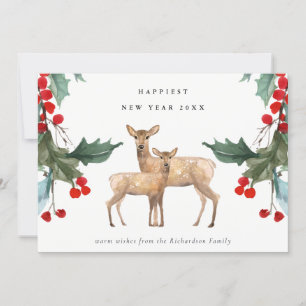 ELEGANT RED GREEN HOLLY BERRY DEER DUO NIEUW JAAR FEESTDAGENKAART