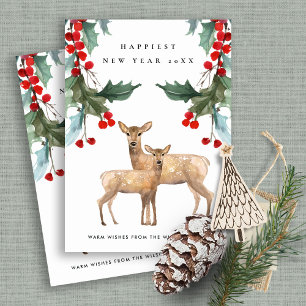 ELEGANT RED GREEN HOLLY BERRY DEER DUO NIEUW JAAR FEESTDAGENKAART