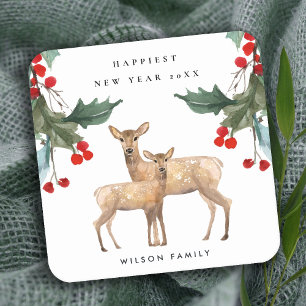 ELEGANT RED GREEN HOLLY BERRY DEER DUO NIEUW JAAR KARTONNEN ONDERZETTERS