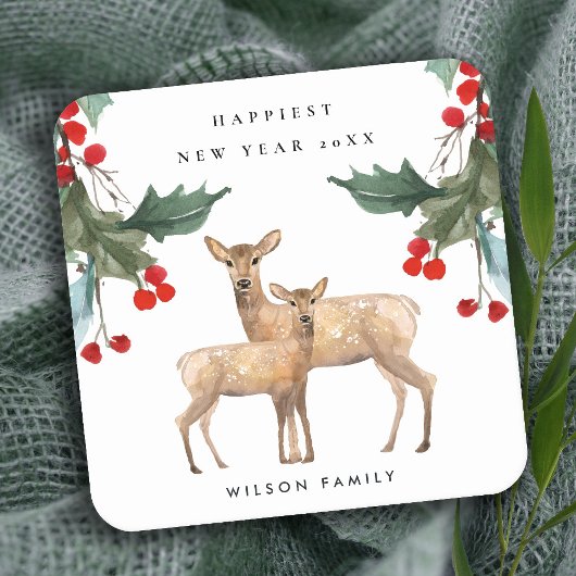 ELEGANT RED GREEN HOLLY BERRY DEER DUO NIEUW JAAR KARTONNEN ONDERZETTERS