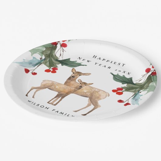 ELEGANT RED GREEN HOLLY BERRY DEER DUO NIEUW JAAR PAPIEREN BORDJE (Gekanteld)