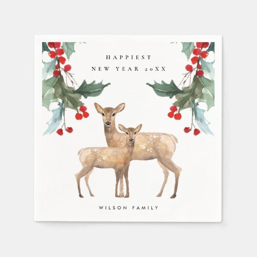 ELEGANT RED GREEN HOLLY BERRY DEER DUO NIEUW JAAR SERVET (Voorkant)