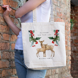 ELEGANT RED GREEN HOLLY BERRY DEER DUO NIEUW JAAR TOTE BAG
