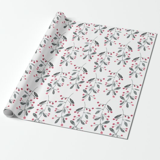Elegant Red & Green Holly Branch-kerstpatroon Cadeaupapier (Uitgerold)
