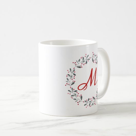 Elegant Red & Green Holly Wreator Monogram Koffiemok (Voorkant rechts)
