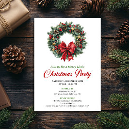 Elegant Red Green Pine Wreath Party Invitation Kaart