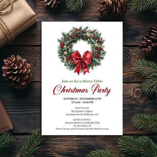 Elegant Red Green Pine Wreath Party Invitation Kaart