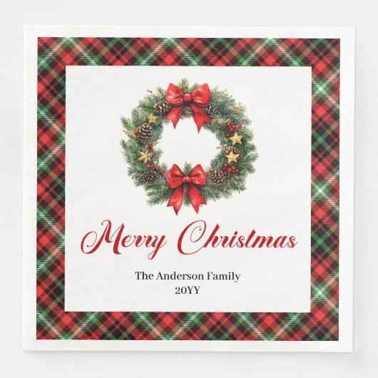 Elegant Red Green Plaid Christmas Wreath Napkins Servet (Voorkant)