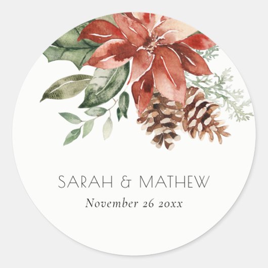 Elegant Red Green Poinsettia Pine Cone Waterverf Ronde Sticker (Voorkant)