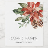Elegant Red Green Poinsettia Pine Cone Wedding Wijn Etiket (Enkel label)