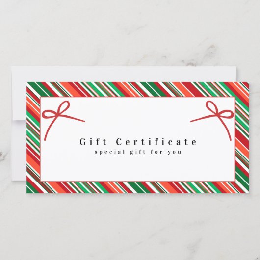 Elegant Red & Green Striped Gift Certificate \ Bow (Voorkant)
