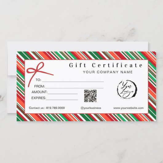 Elegant Red & Green Striped Gift Certificate \ Bow (Achterkant)