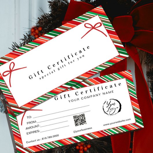 Elegant Red & Green Striped Gift Certificate \ Bow