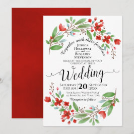 Elegant Red & Green Waterverf Floral Wedding Kaart