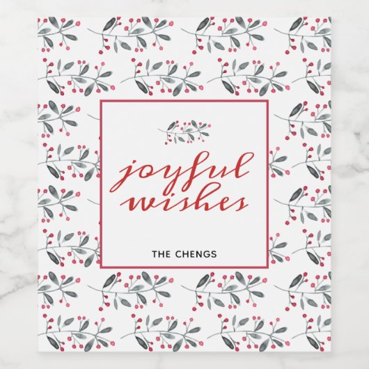 Elegant Red & Green Waterverf Holly Leaves Wijn Etiket (Enkel label)